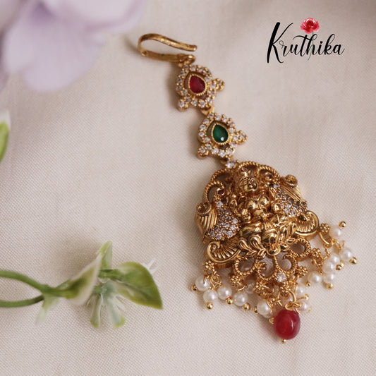 Beautiful CZ Lakshmi Peacock Maang Tikka with Pearl Drops MT271 (Available in 3 Colors)