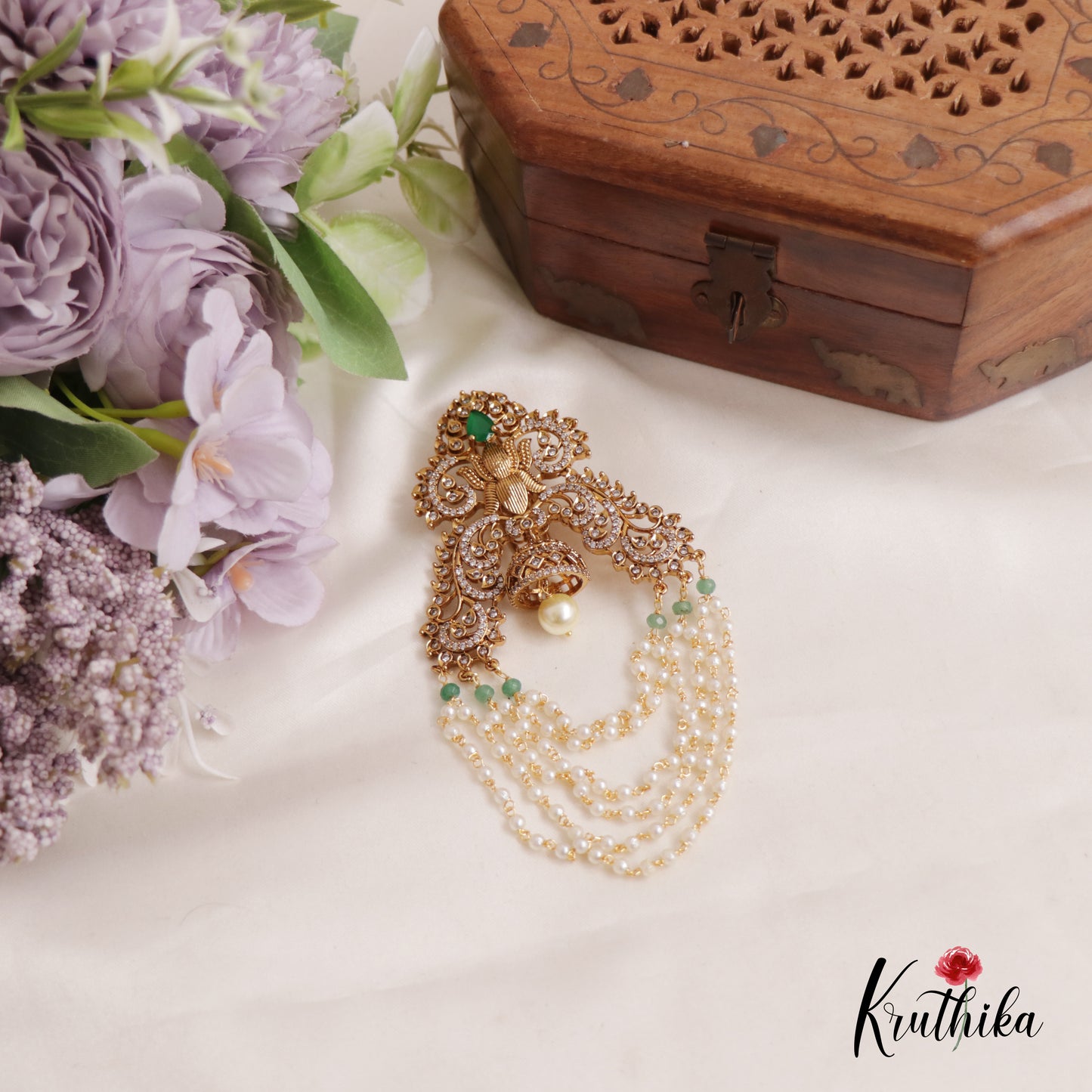 Stunning AD Stone Floral Jhumka Drops Jada Billa With Pearl Strands J251