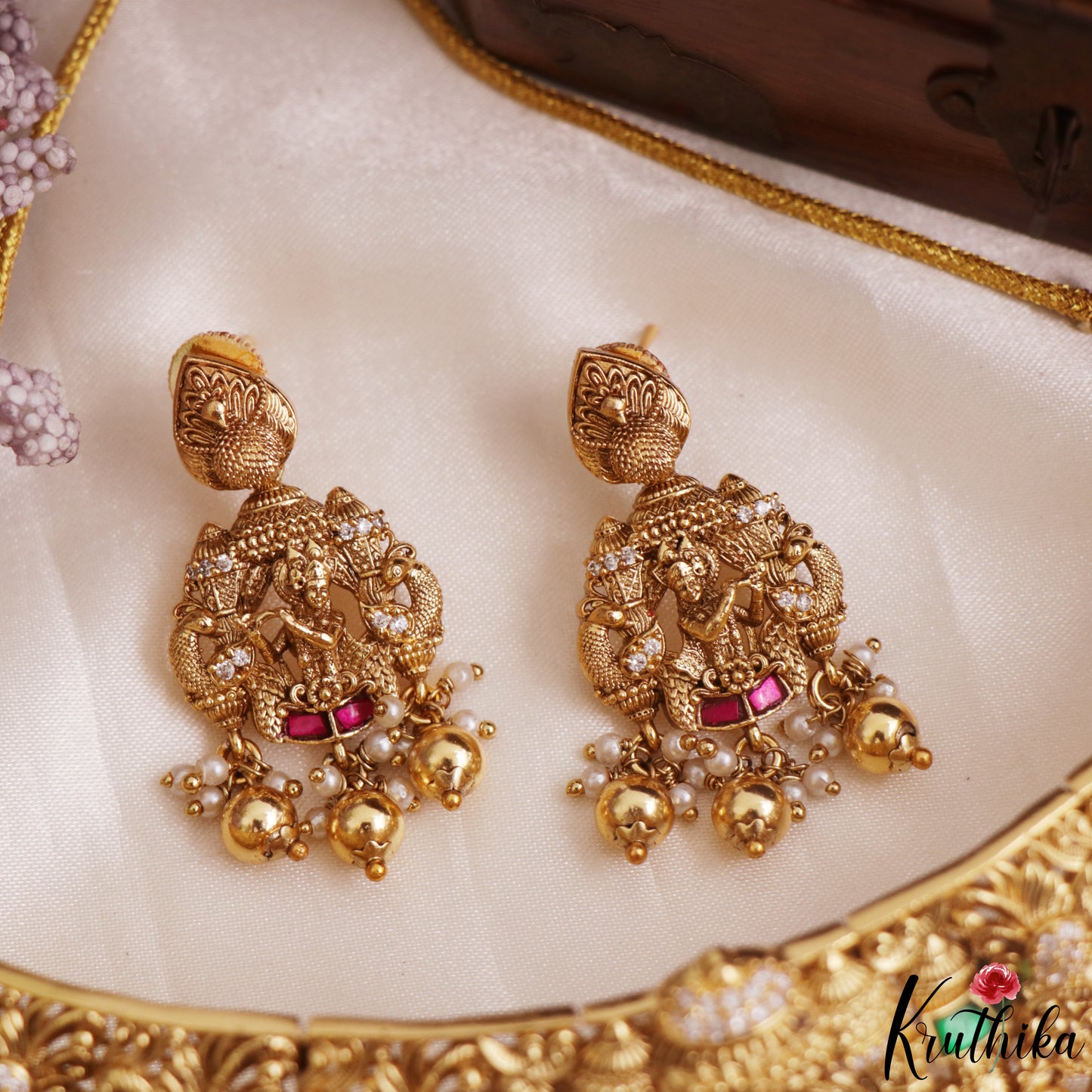 Premium Antique Radha Krishna Motifs Choker With Bead Drops NC3158 (Available In 2 Colors)