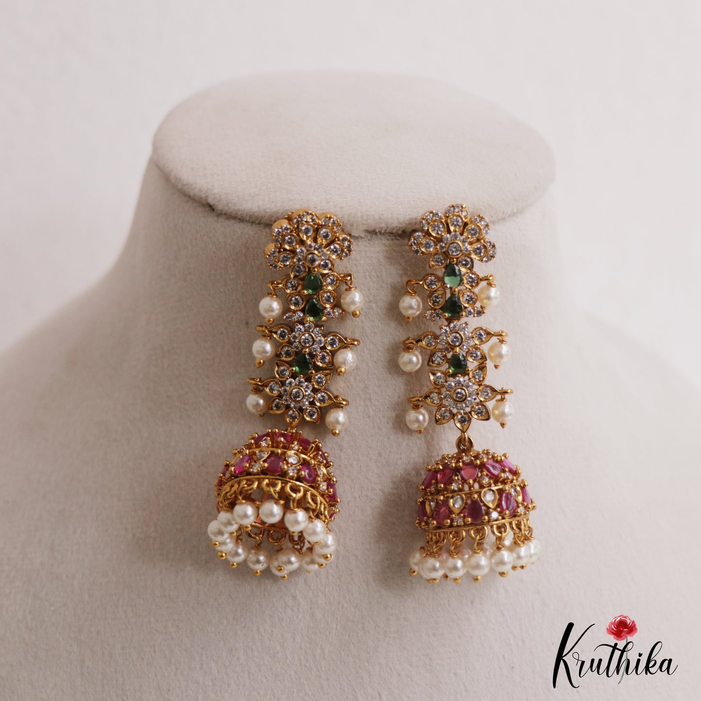 Sparkling Floral Motifs AD Jhumkas With Pearl Drops E1107 (Available In 4 Colors)