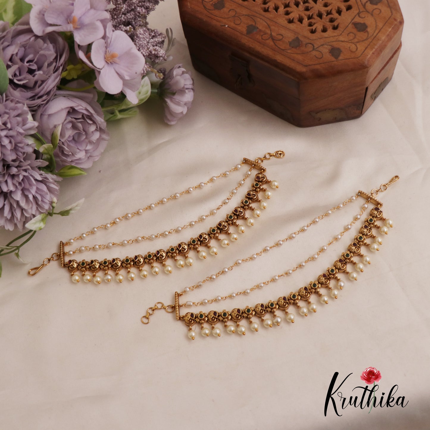 Gorgeous Kemp Elephant Floral Motifs Triple Layered Earchains EC180