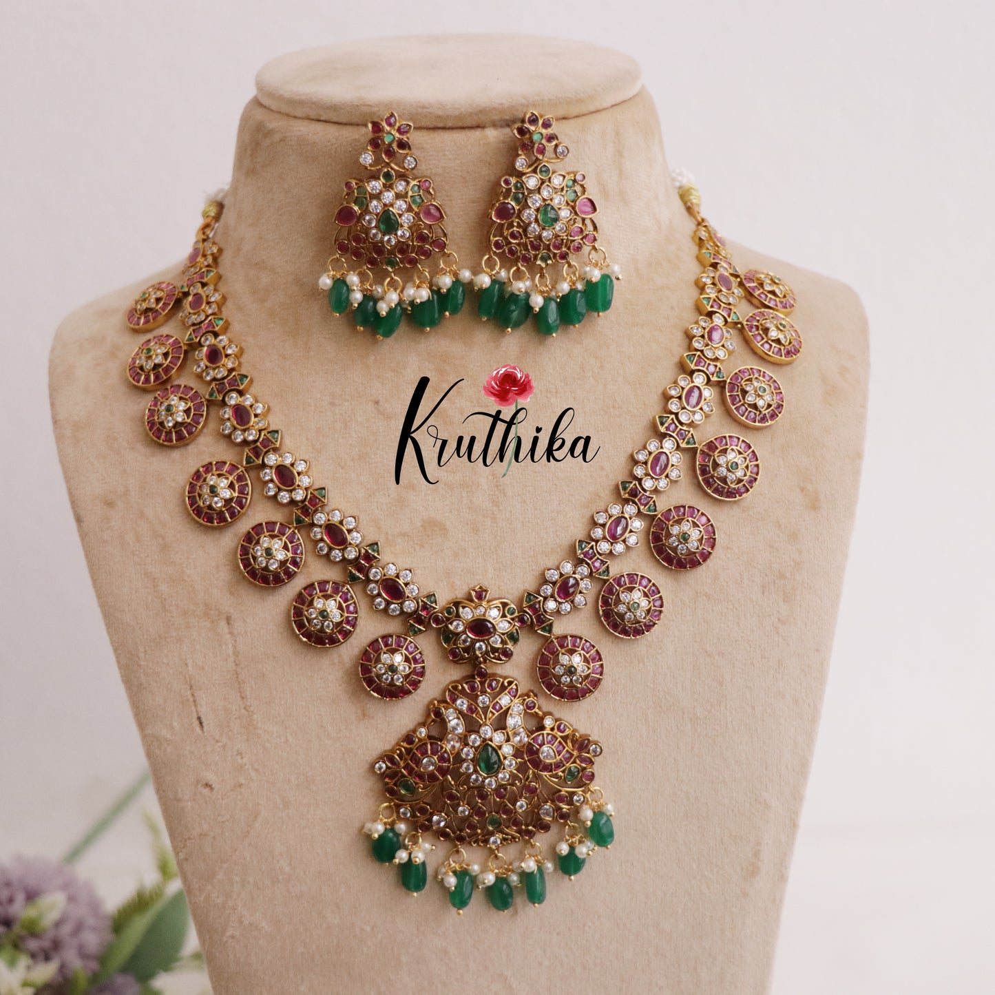 Classic Kemp Kasu Necklace with Detachable Pendant with Green Beads Drops NC2301