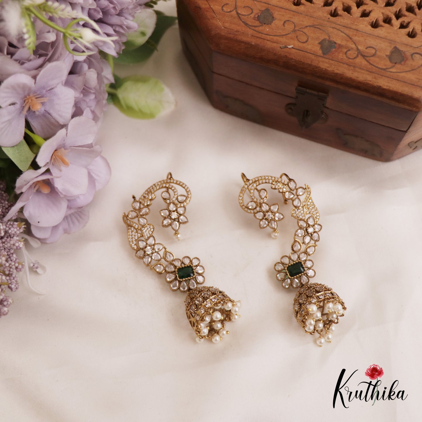 Stunning Floral Motifs AD Victorian Ear Cuff With Jhumkas E946 (Available In 3 Colors)