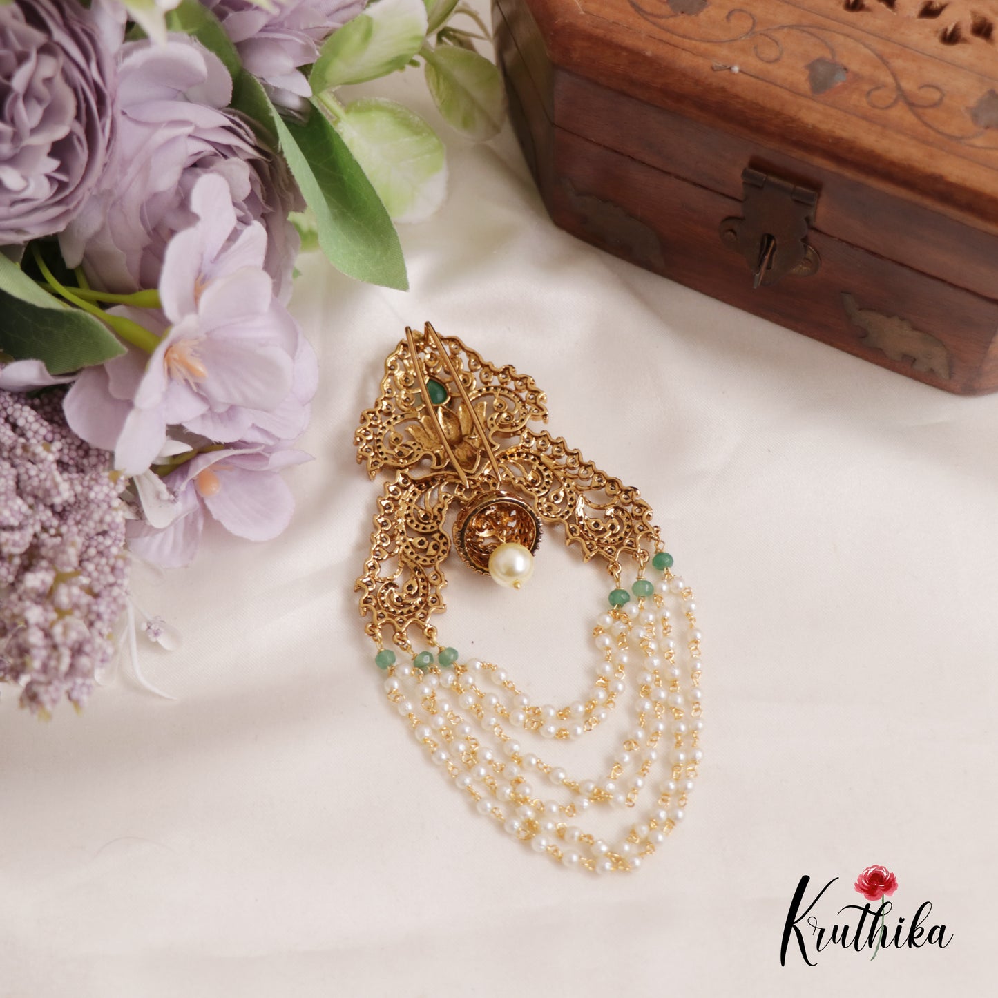 Stunning AD Stone Floral Jhumka Drops Jada Billa With Pearl Strands J251