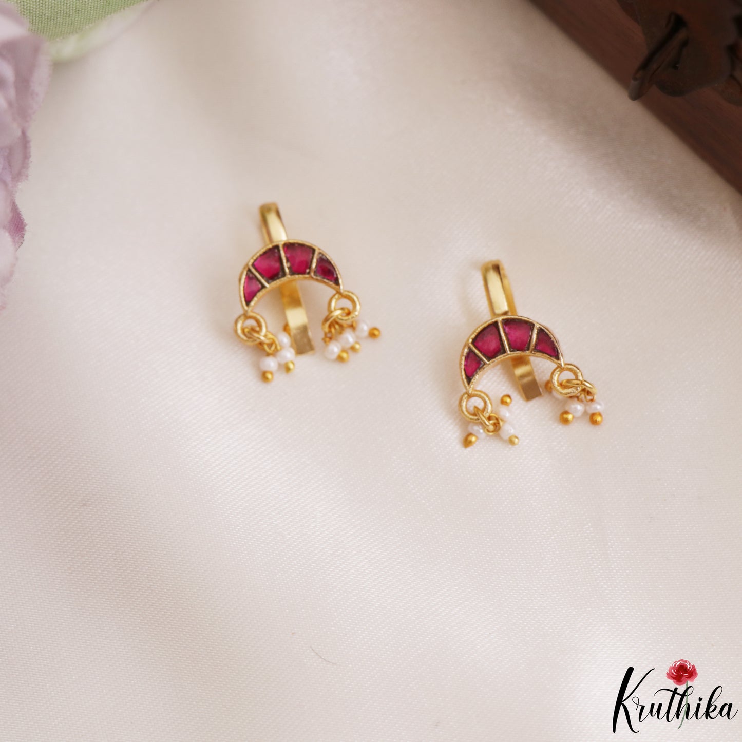 Elegant Jadau Earcuffs | Upper Earrings | Bugadi Earrings With Pearl Drops E1227 (Available In 5 Colors)