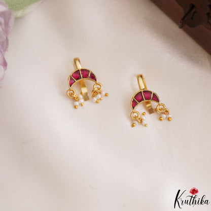 Elegant Jadau Earcuffs | Upper Earrings | Bugadi Earrings With Pearl Drops E1227 (Available In 5 Colors)