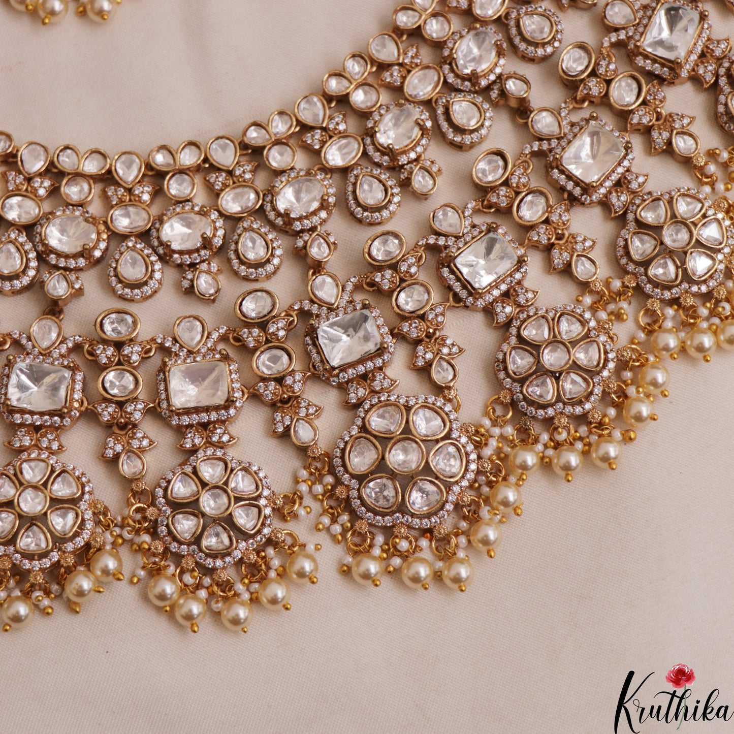 Grand Floral Motifs Polki Victorian Choker With Pearl Drops NC3019 (Available In 4 Colors)