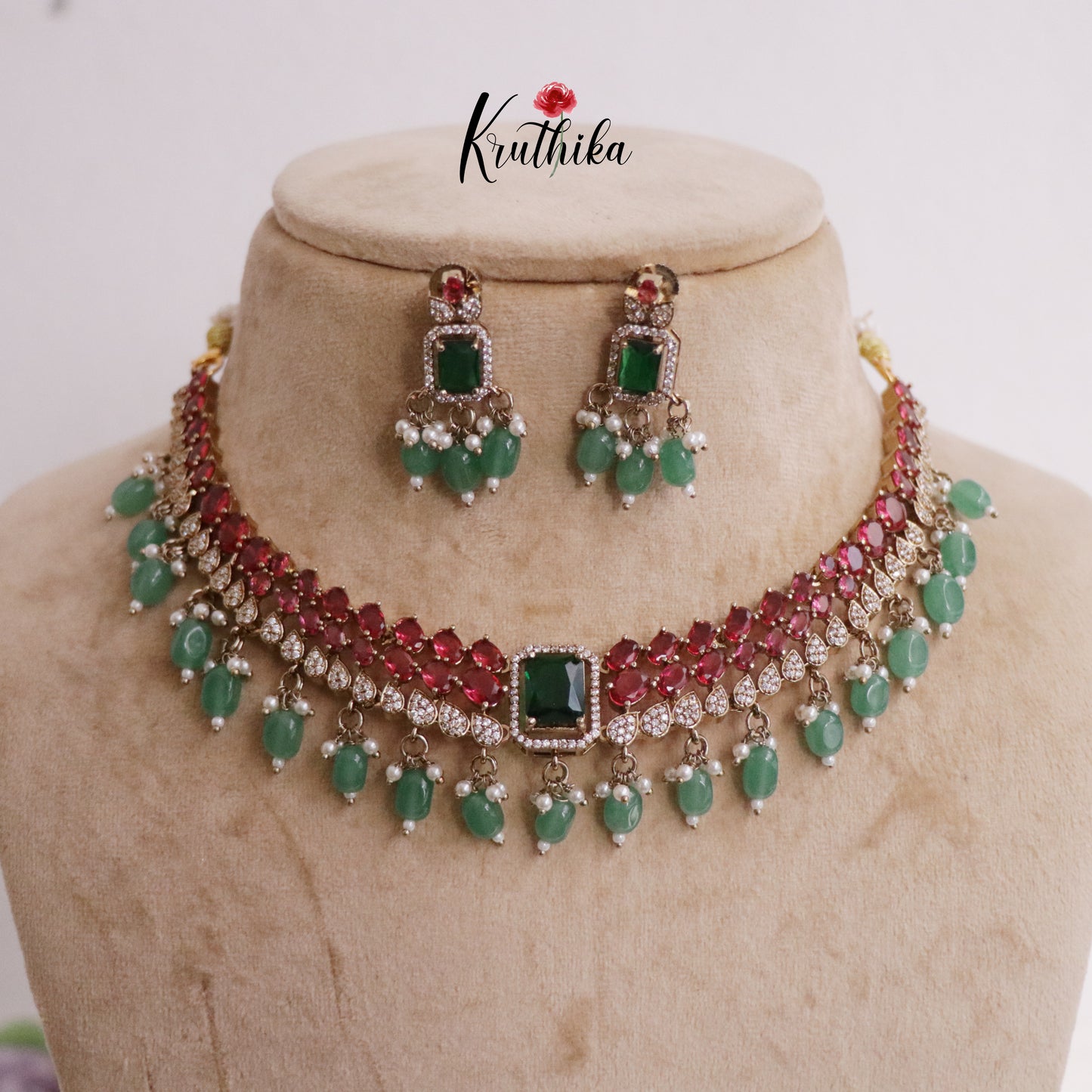 Pretty AD/ Victorian Necklace with Pastel Green Beads Drops NC2248