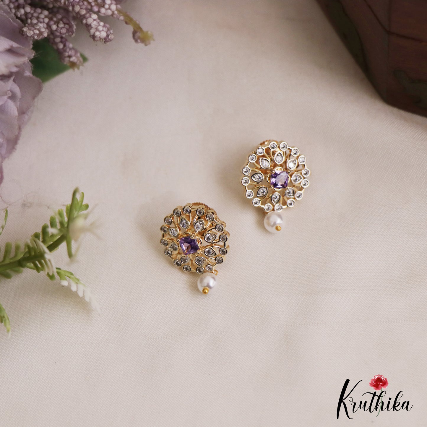 Simple Floral Motifs AD Stud Earrings With Pearl Drop E1112 (Available In 2 Colors)