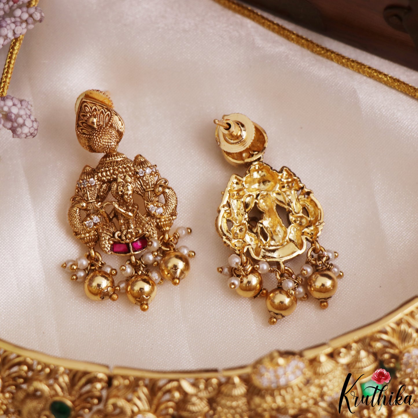Premium Antique Radha Krishna Motifs Choker With Bead Drops NC3158 (Available In 2 Colors)