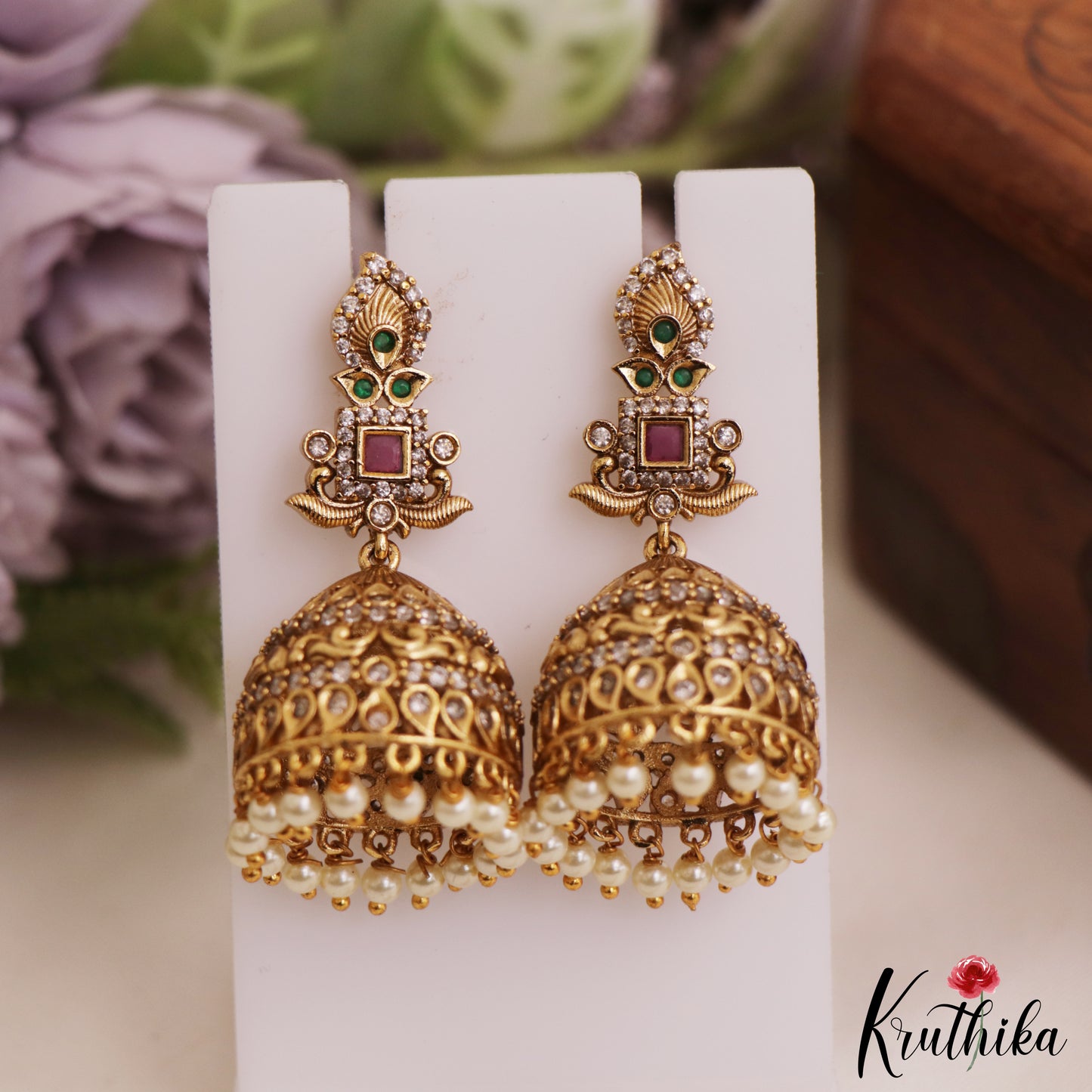 Elegant Leaf Motifs Gold-Tone AD Jhumka With Pearl Drops E1054