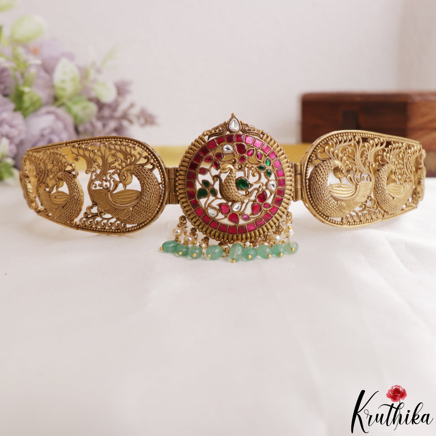 Premium Antique Nagas Peacock Motifs Jadau Hip Belt With Green Bead Drops V360 (Available In 2 Colors)