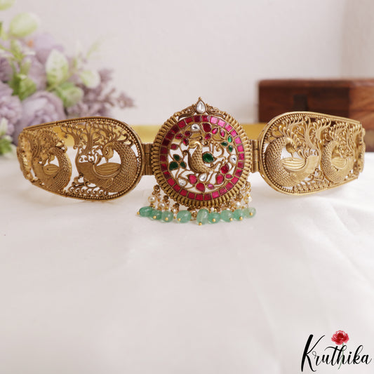 Premium Antique Nagas Peacock Motifs Jadau Hip Belt With Green Bead Drops V360 (Available In 2 Colors)
