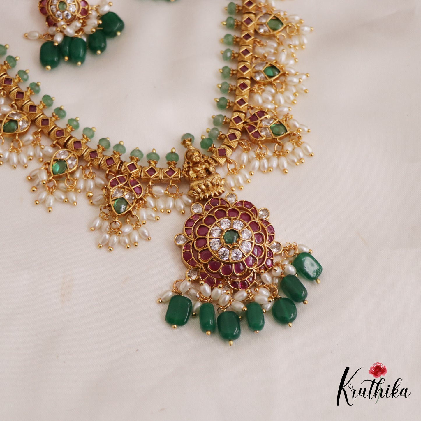 Stunning Kemp Lakshmi Floral Motifs Guttapoosalu Necklace With Green Bead Drops NC2649
