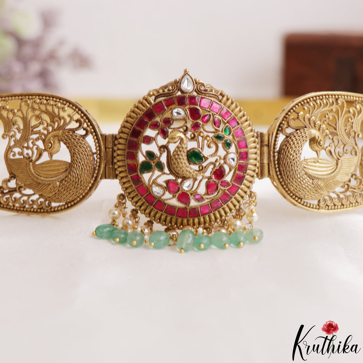 Premium Antique Nagas Peacock Motifs Jadau Hip Belt With Green Bead Drops V360 (Available In 2 Colors)