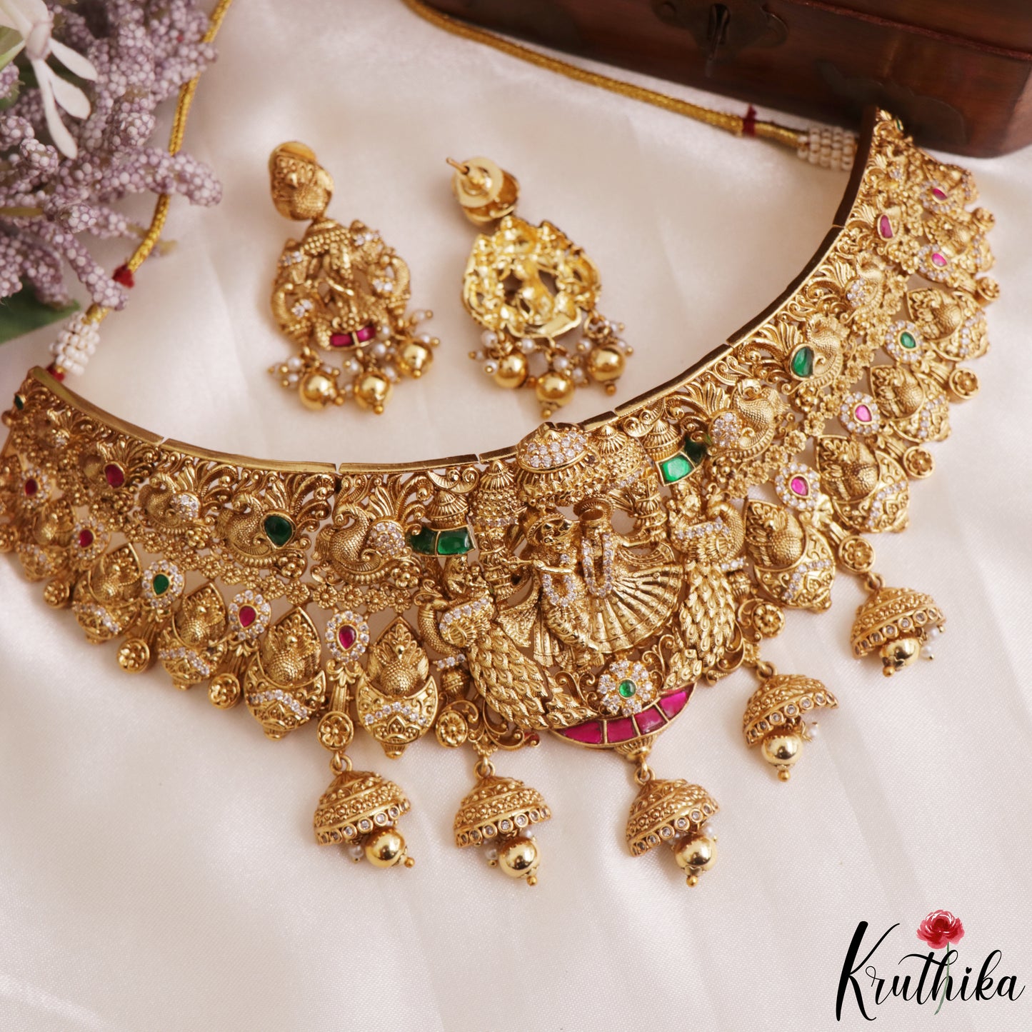 Premium Antique Radha Krishna Motifs Choker With Bead Drops NC3158 (Available In 2 Colors)