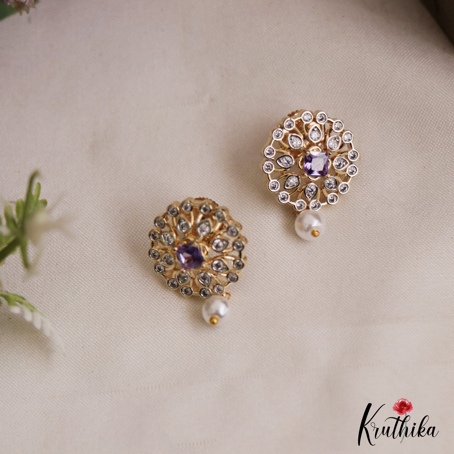 Simple Floral Motifs AD Stud Earrings With Pearl Drop E1112 (Available In 2 Colors)