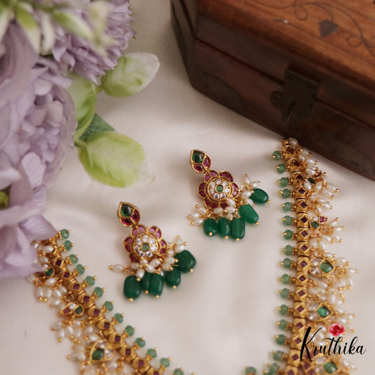 Stunning Kemp Lakshmi Floral Motifs Guttapoosalu Necklace With Green Bead Drops NC2649