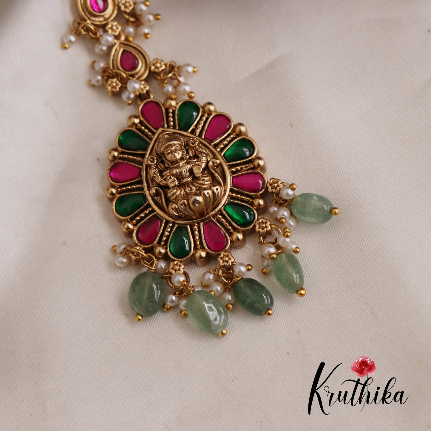 Beautiful Antique Lakshmi Jadau Maang Tikka With Pearl And Bead Drops MT309