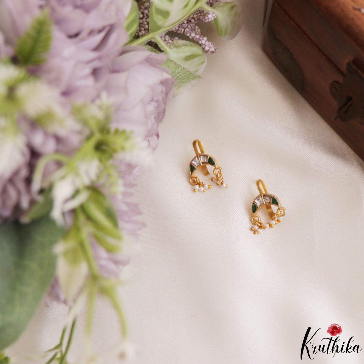 Elegant Jadau Earcuffs | Upper Earrings | Bugadi Earrings With Pearl Drops E1227 (Available In 5 Colors)