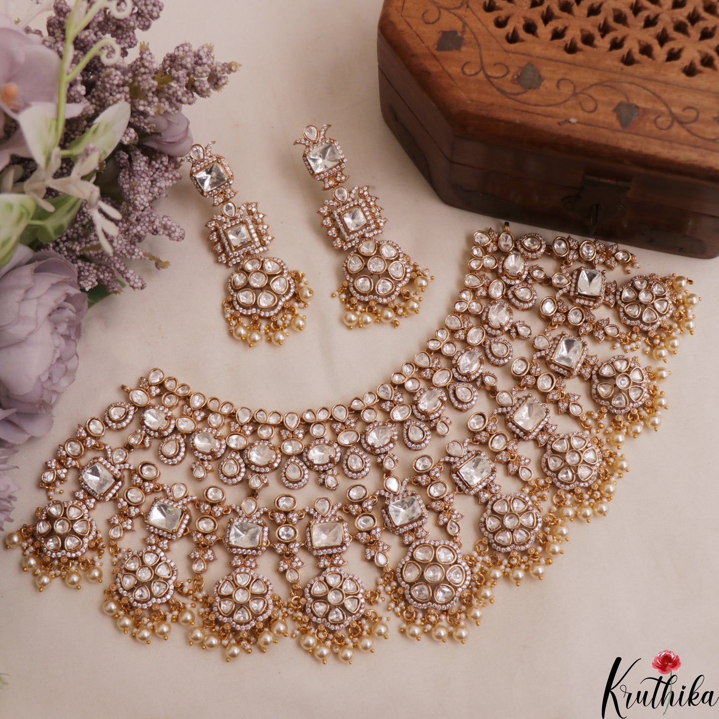 Grand Floral Motifs Polki Victorian Choker With Pearl Drops NC3019 (Available In 4 Colors)