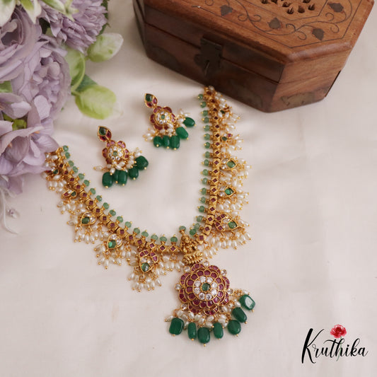 Stunning Kemp Lakshmi Floral Motifs Guttapoosalu Necklace With Green Bead Drops NC2649