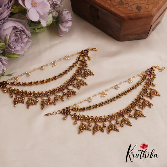 Gorgeous Kemp Floral Motifs With Golden Bead Drops Triple Strand Earchains EC186