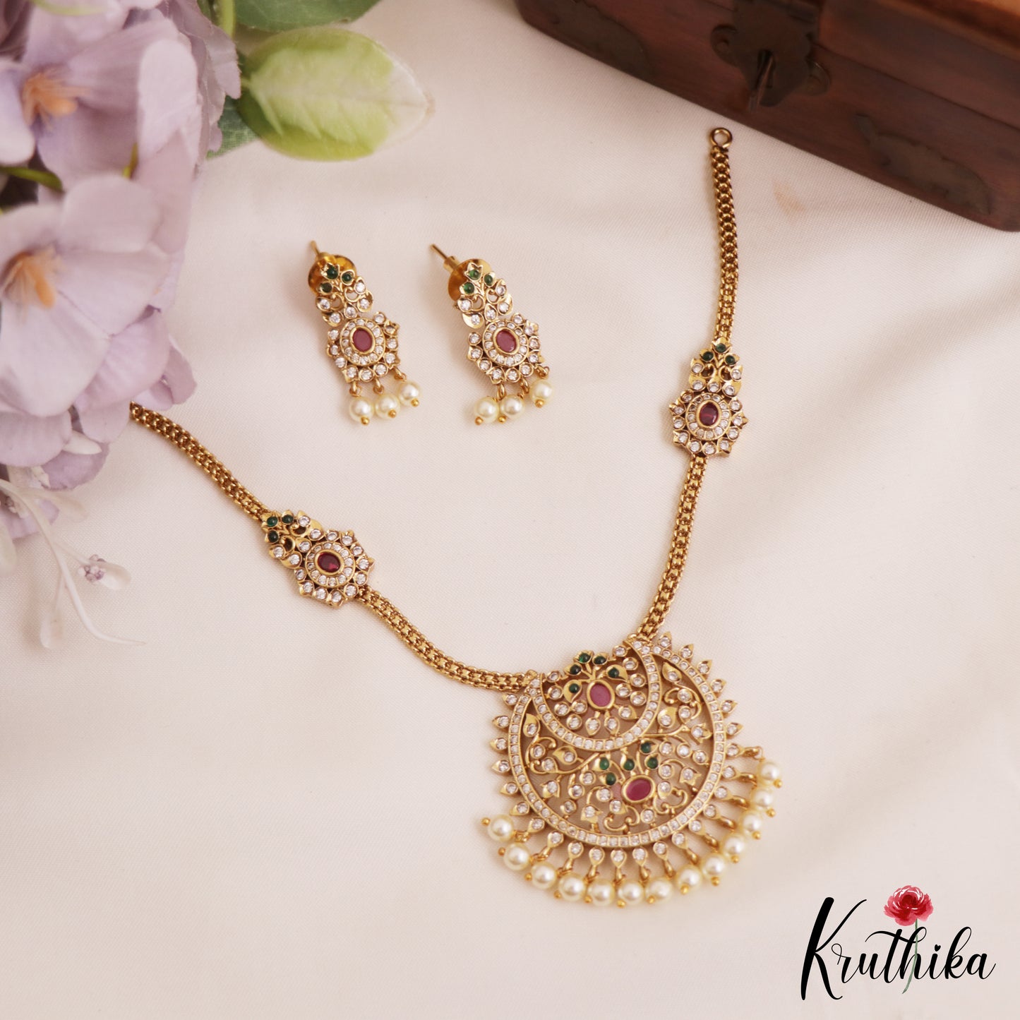 Elegant Teardrop Motifs Diamond-Finish Gold-Tone AD Necklace With Pearl Drops NC2764