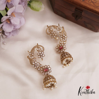 Stunning Floral Motifs AD Victorian Ear Cuff With Jhumkas E946 (Available In 3 Colors)