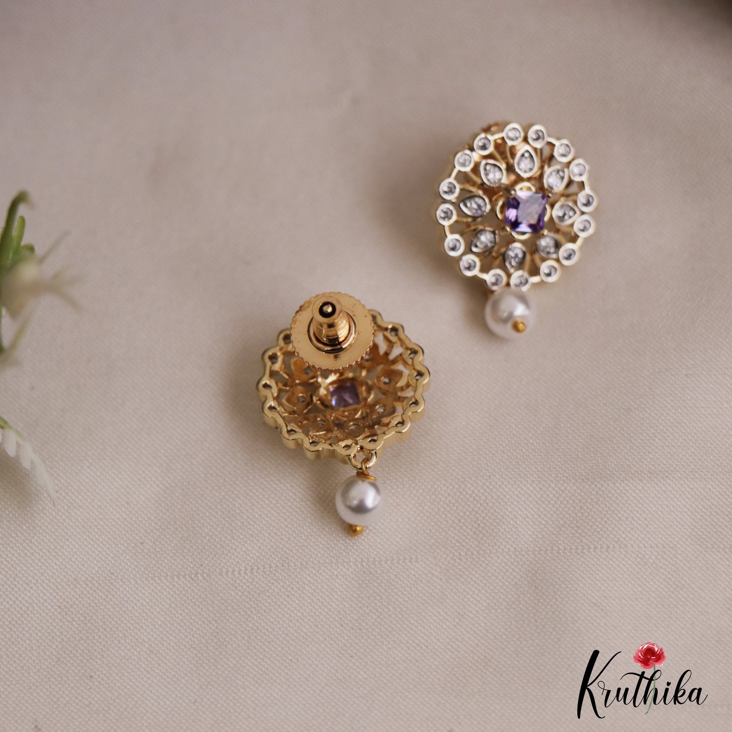 Simple Floral Motifs AD Stud Earrings With Pearl Drop E1112 (Available In 2 Colors)