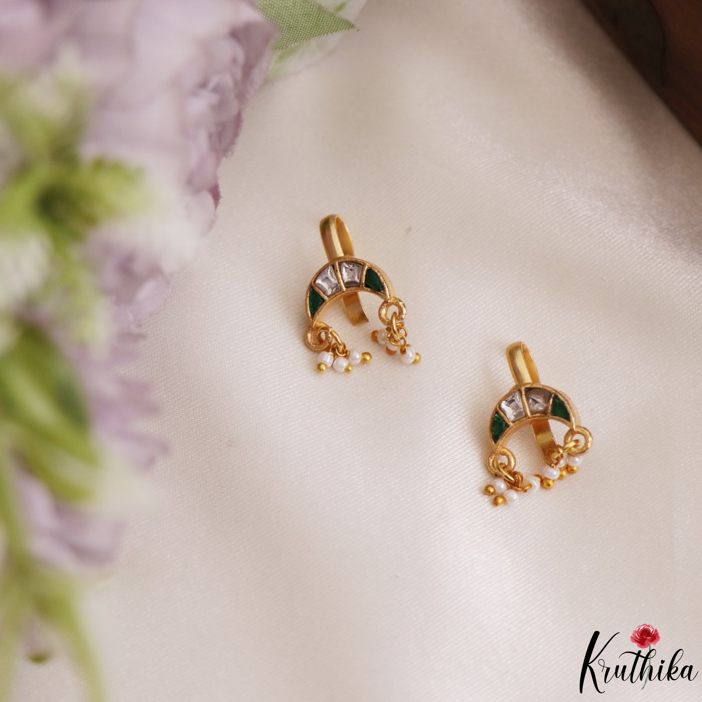 Elegant Jadau Earcuffs | Upper Earrings | Bugadi Earrings With Pearl Drops E1227 (Available In 5 Colors)