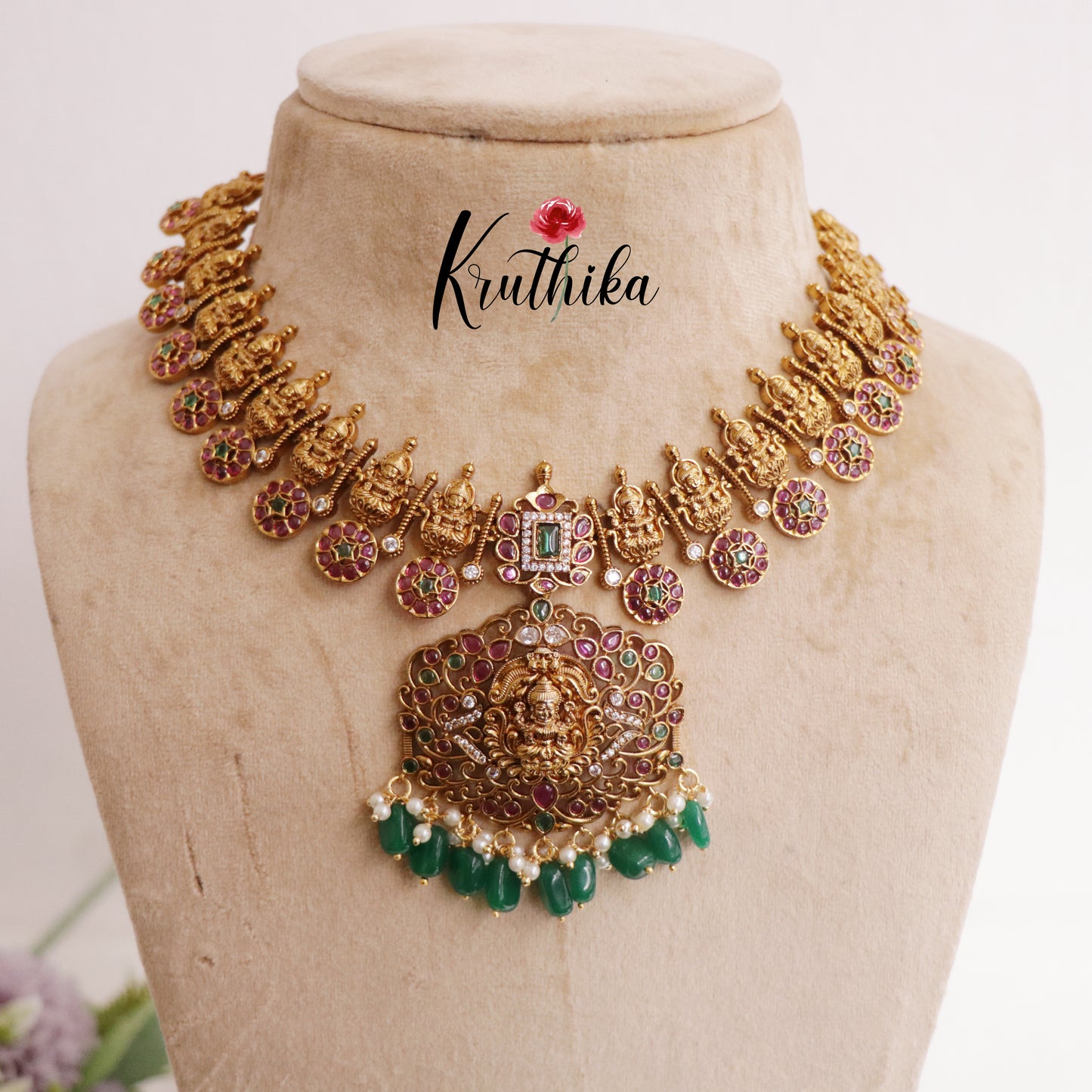 Beautiful Kemp Coin Lakshmi Necklace with Detachable Pendant Drops NC2289