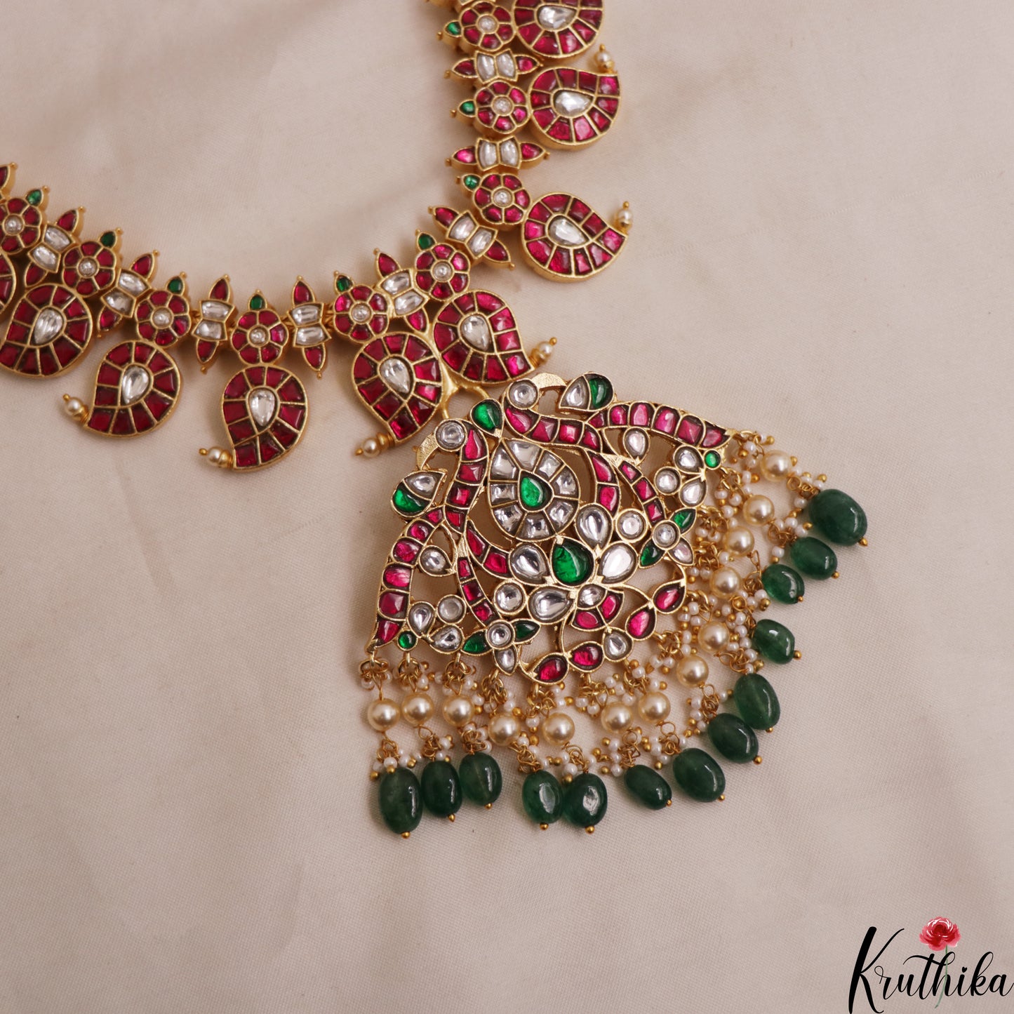 Royal Mango Motifs Jadau Haaram With Green Bead Drops LH2116