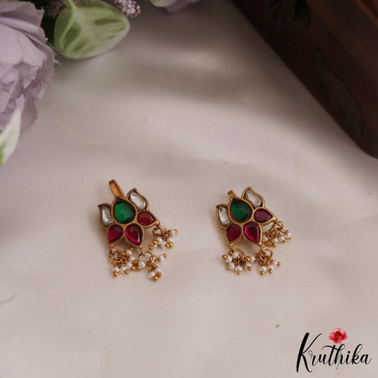 Elegant Jadau Lotus Earcuffs | Upper Earrings | Bugadi Earrings With Pearl Drops E882