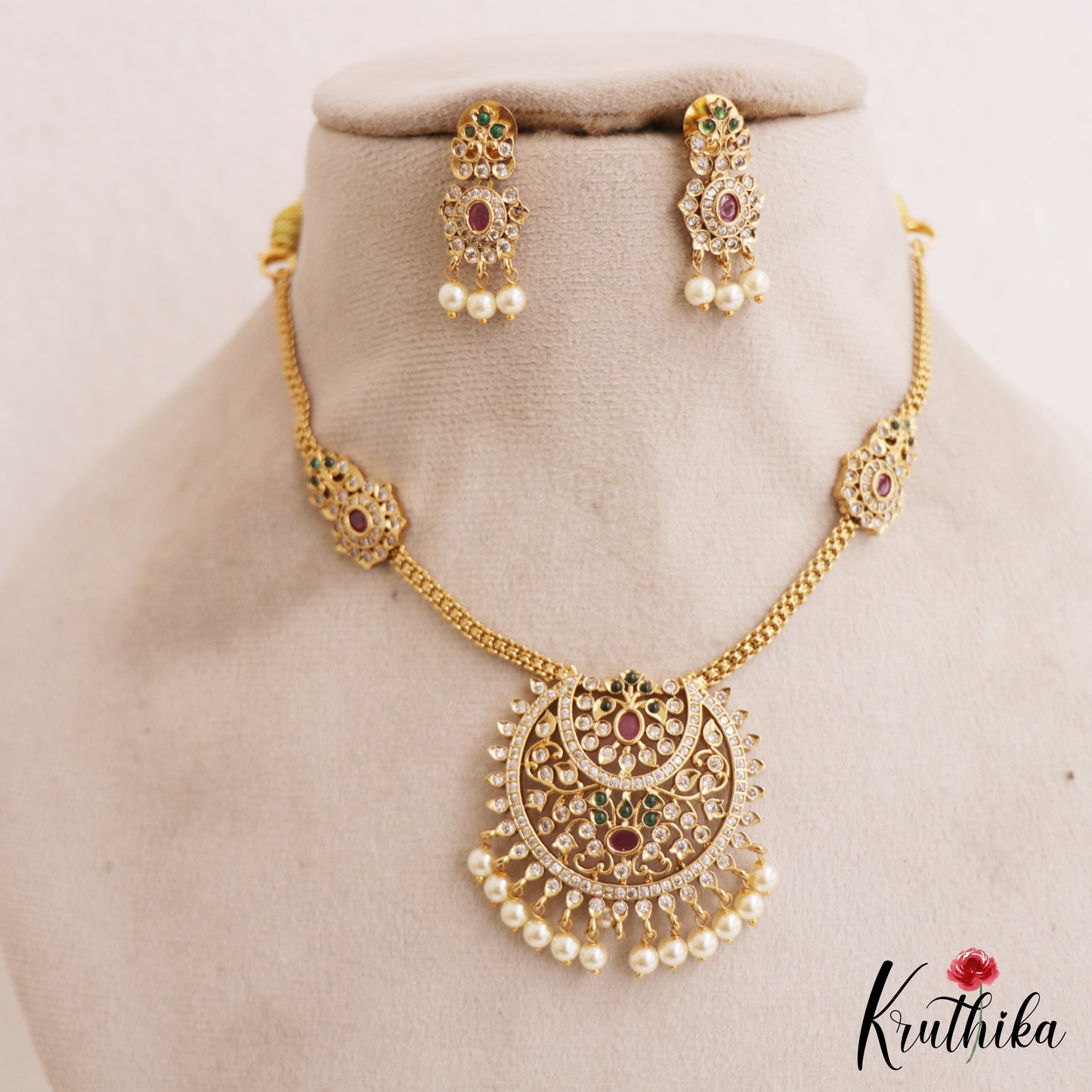 Elegant Teardrop Motifs Diamond-Finish Gold-Tone AD Necklace With Pearl Drops NC2764