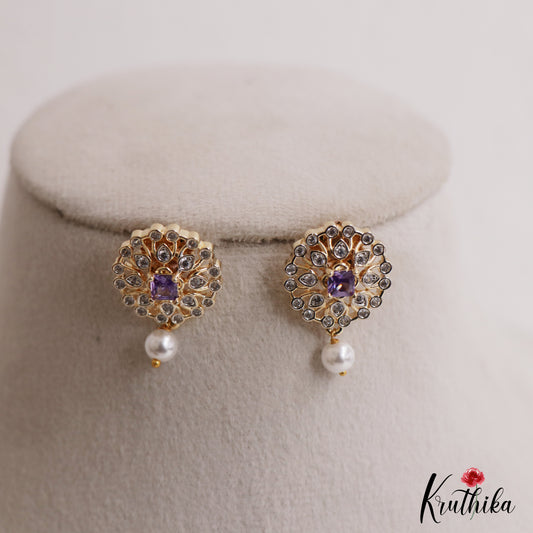 Simple Floral Motifs AD Stud Earrings With Pearl Drop E1112 (Available In 2 Colors)
