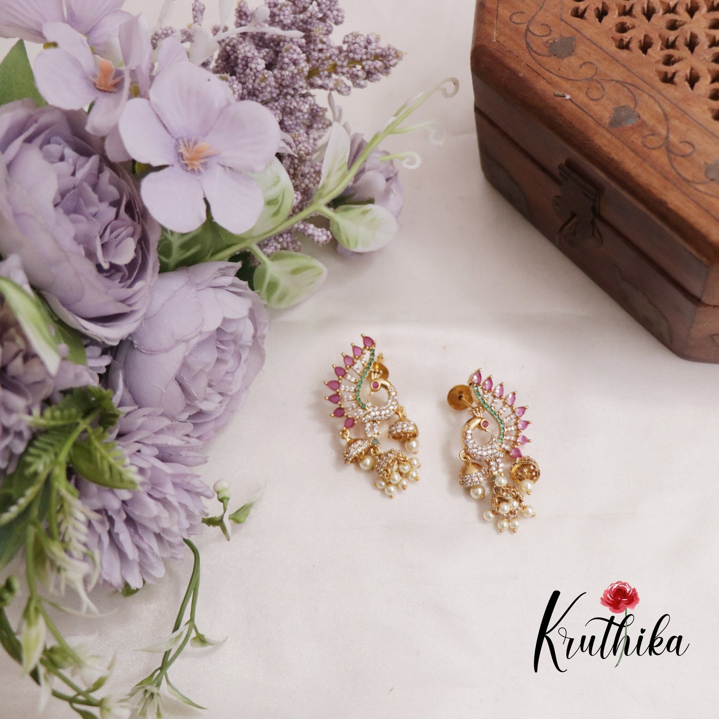 Elegant AD Kemp Peacock Jhumka With Pearl Drops Earrings E812