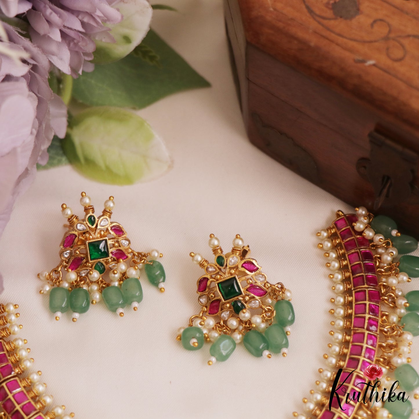 Premium Floral Motifs Jadau Guttapoosalu Necklace With Green Bead Drops NC2790