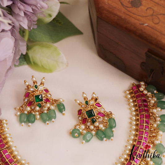 Premium Floral Motifs Jadau Guttapoosalu Necklace With Green Bead Drops NC2790