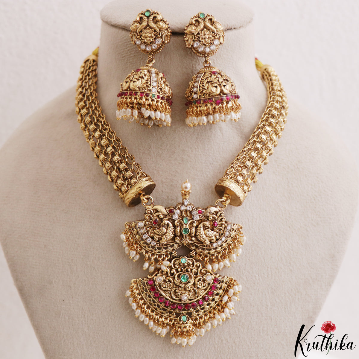 Gorgeous Antique Peacock Motifs Jadau Necklace With Pearl Drops NC3239