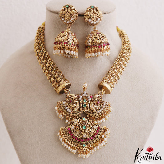 Gorgeous Antique Peacock Motifs Jadau Necklace With Pearl Drops NC3239