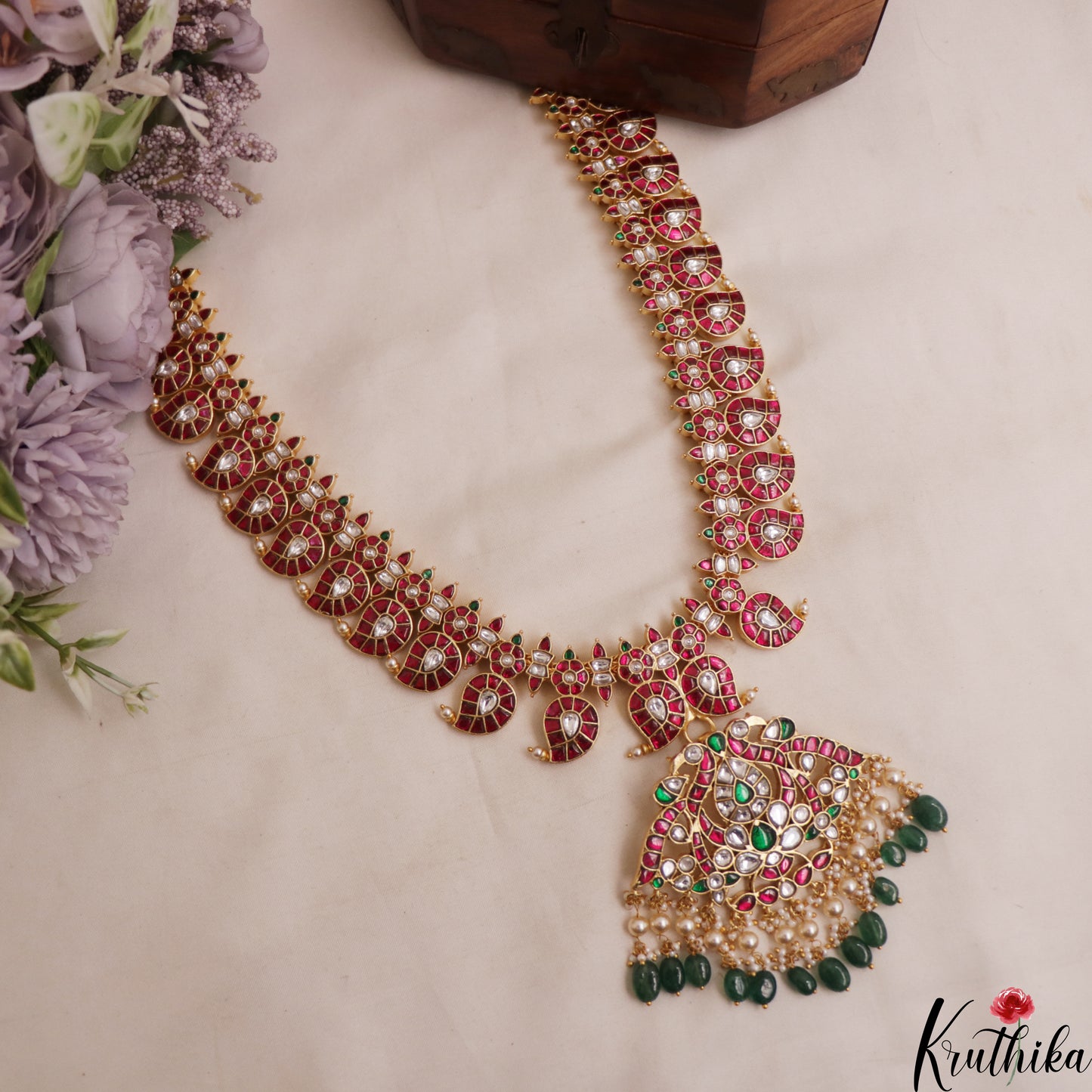 Royal Mango Motifs Jadau Haaram With Green Bead Drops LH2116