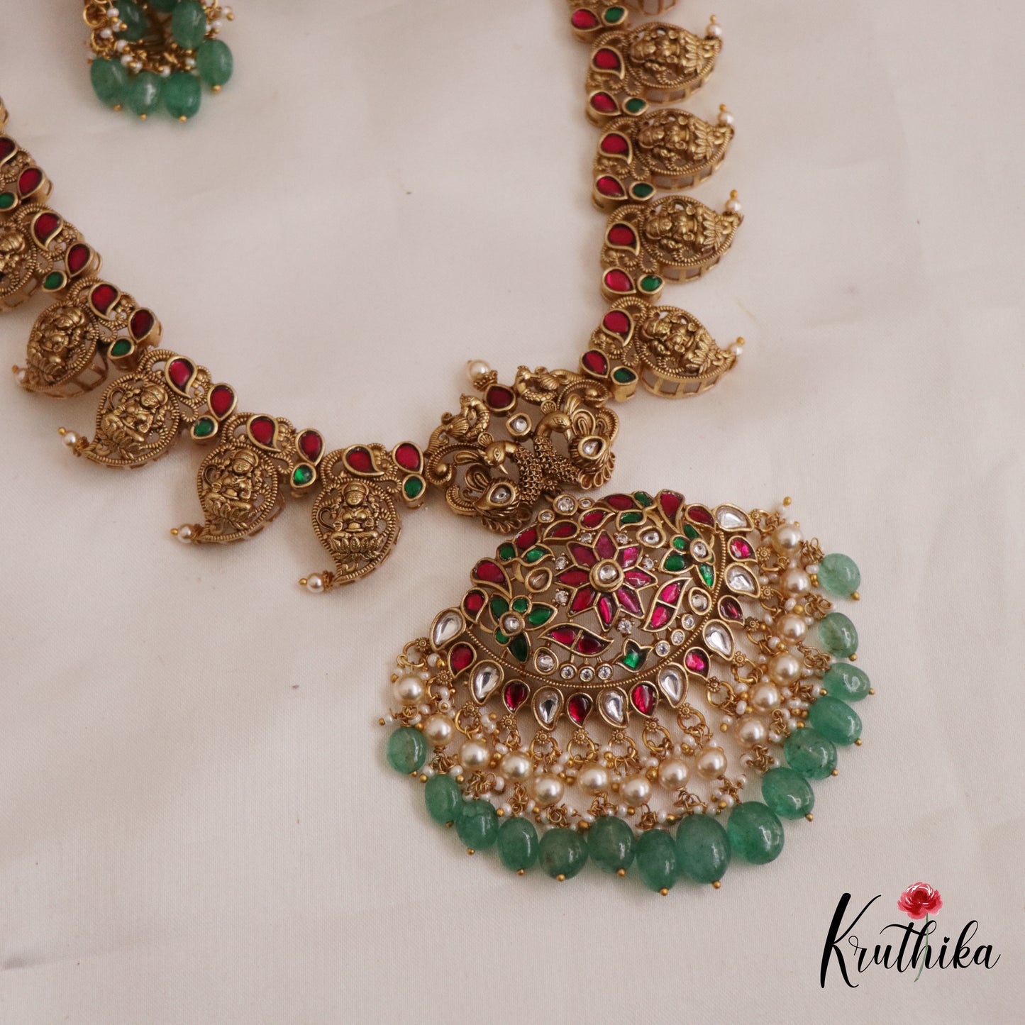Stunning Antique Mango Lakshmi Motifs Kemp Haaram With Green Bead Drops LH2046
