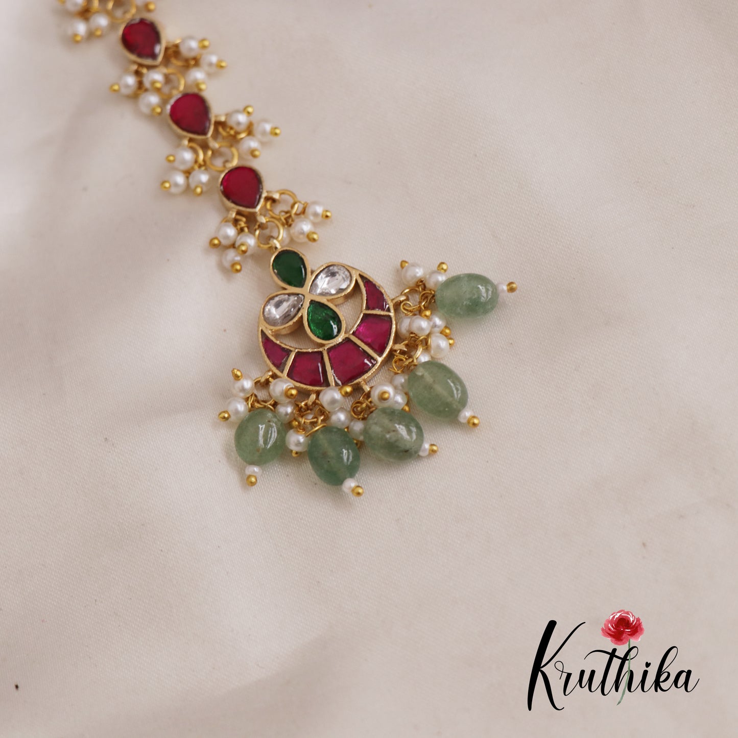 Trendy Floral Jadau Maang Tikka With Bead And Pearl Drops MT313