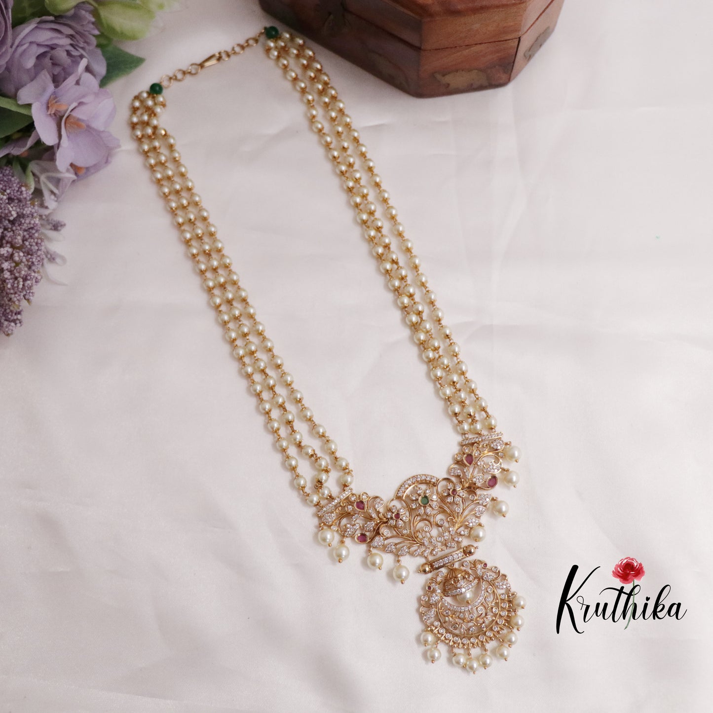 Elegant Three Layer Pearl Necklace with Floral Motif Pendant Drop NC2257 (Available in 2 Colours)