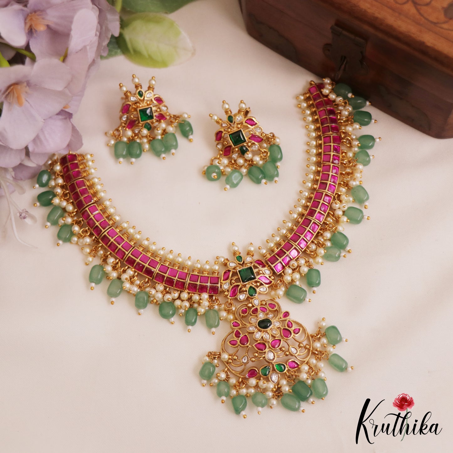 Premium Floral Motifs Jadau Guttapoosalu Necklace With Green Bead Drops NC2790