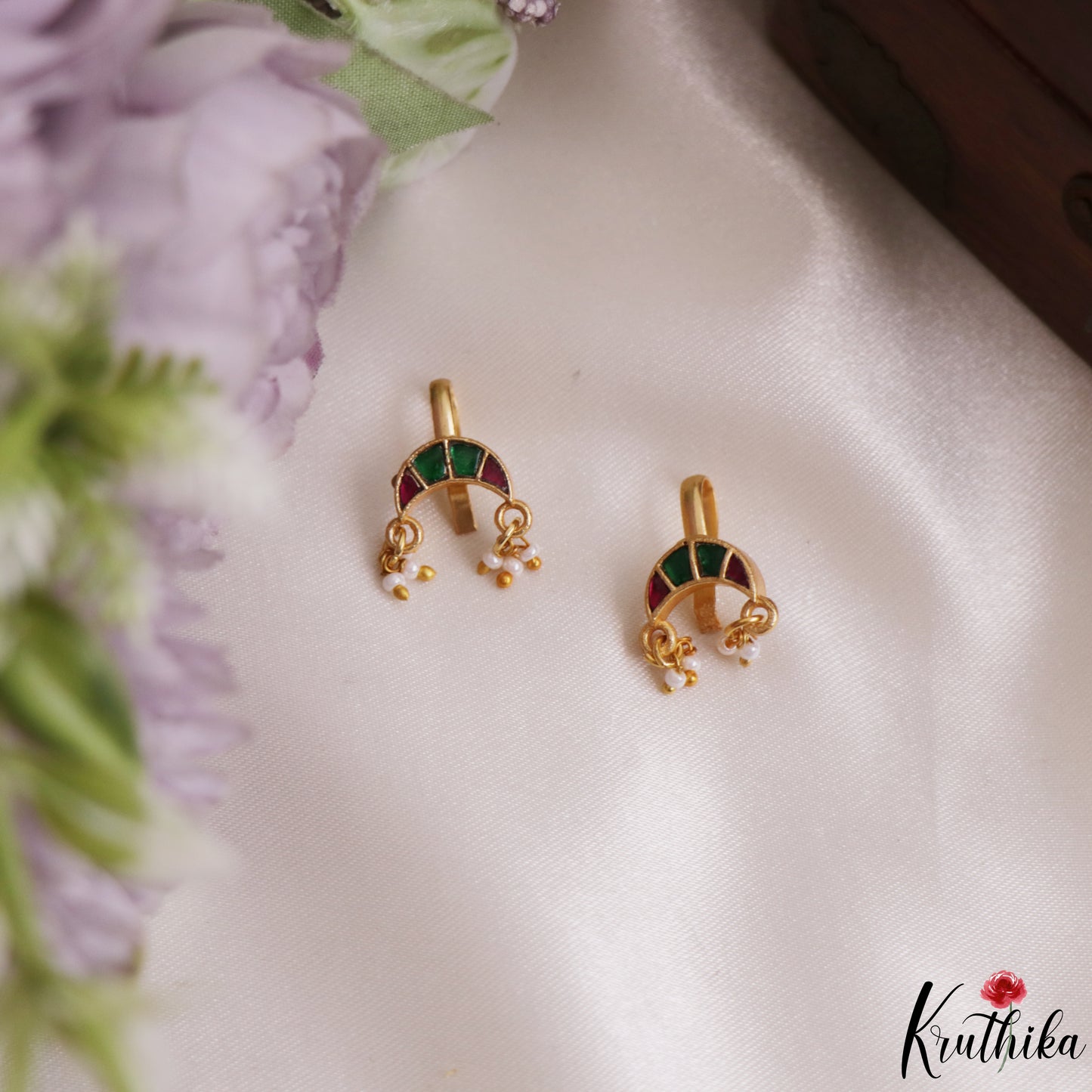 Elegant Jadau Earcuffs | Upper Earrings | Bugadi Earrings With Pearl Drops E1227 (Available In 5 Colors)