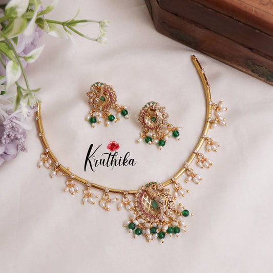 Simple Ad hasli necklace with peacock pendant & green bead drops NC2118