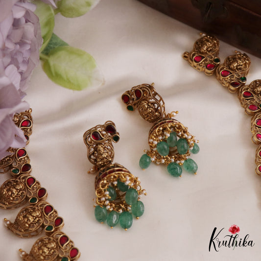 Stunning Antique Mango Lakshmi Motifs Kemp Haaram With Green Bead Drops LH2046