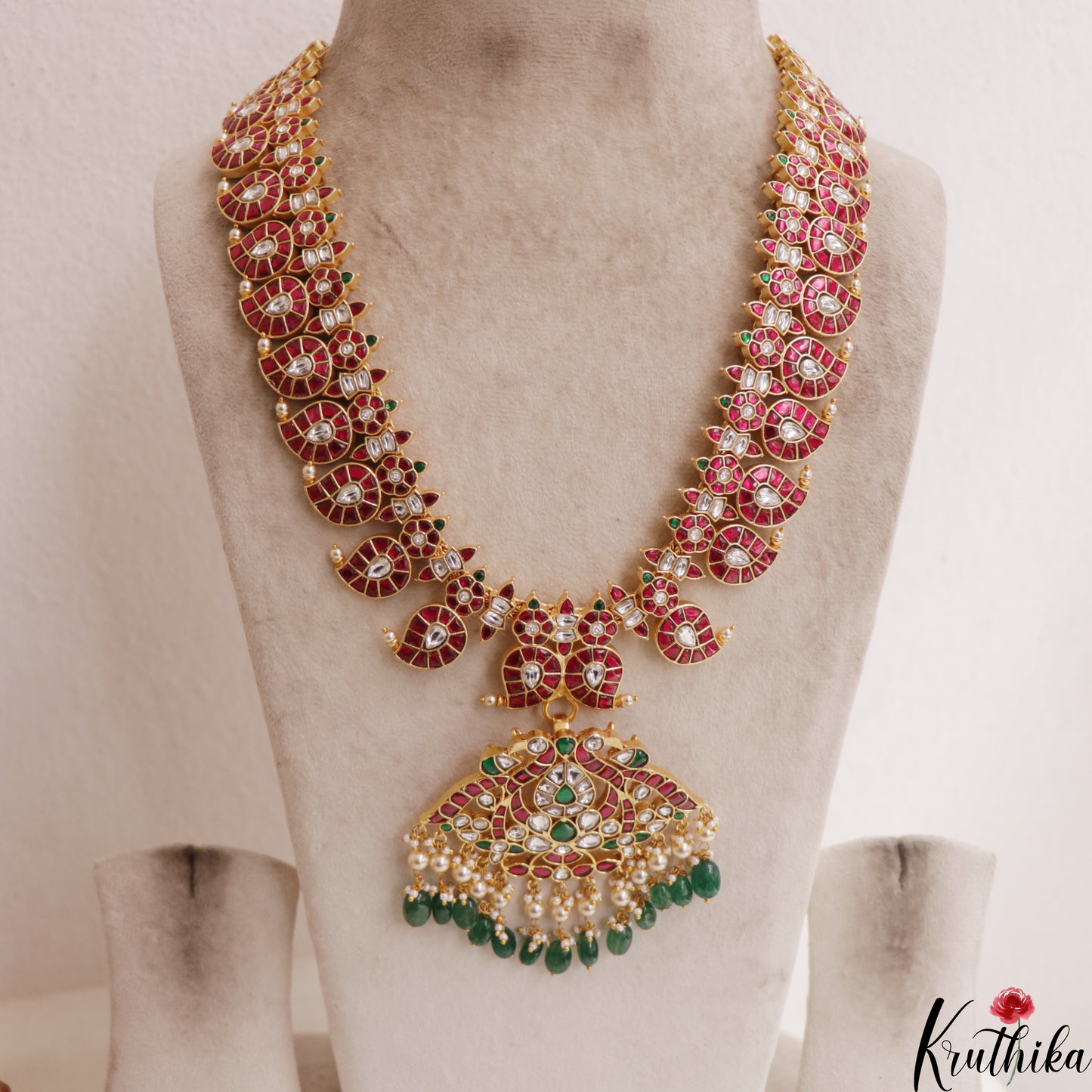 Royal Mango Motifs Jadau Haaram With Green Bead Drops LH2116